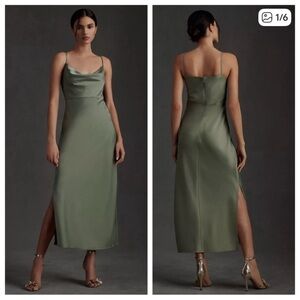 NWT BHLDN Cali Satin Cowl-Neck Midi Slip Dress Moss Green Anthropologie size 12